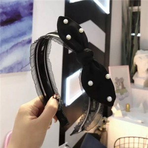Pearl Decorated Rabit Ear Bowknot Fashion Women Cloth Hair Hoop - Black