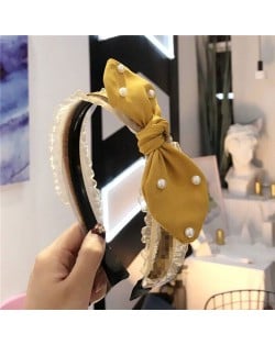 Pearl Decorated Rabit Ear Bowknot Fashion Women Cloth Hair Hoop - Yellow