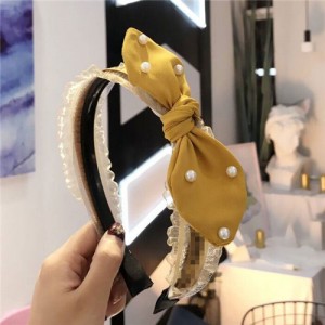 Pearl Decorated Rabit Ear Bowknot Fashion Women Cloth Hair Hoop - Yellow
