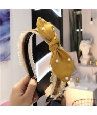 Pearl Decorated Rabit Ear Bowknot Fashion Women Cloth Hair Hoop - Yellow