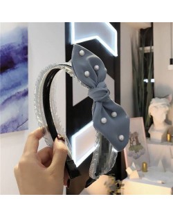 Pearl Decorated Rabit Ear Bowknot Fashion Women Cloth Hair Hoop - Blue