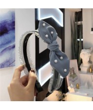 Pearl Decorated Rabit Ear Bowknot Fashion Women Cloth Hair Hoop - Blue