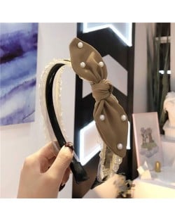 Pearl Decorated Rabit Ear Bowknot Fashion Women Cloth Hair Hoop - Brown