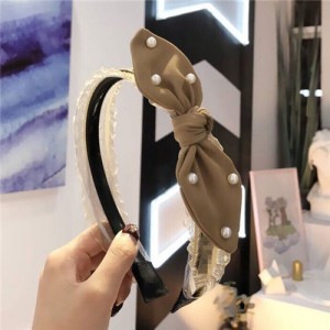 Pearl Decorated Rabit Ear Bowknot Fashion Women Cloth Hair Hoop - Brown
