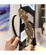 Pearl Decorated Rabit Ear Bowknot Fashion Women Cloth Hair Hoop - Brown