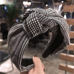 Korean Fashion Lattice Bowknot Design Cloth Women Hair Hoop - Black