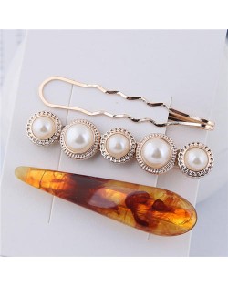 Artificial Amber and Pearl Fashion Women Hair Clips Combo - Brown