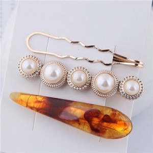 Artificial Amber and Pearl Fashion Women Hair Clips Combo - Brown