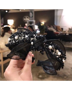 Pearl and Flowers Embellished Korean Fashion Lace Women Hair Hoop - Black