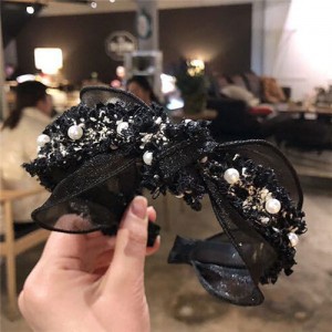 Pearl and Flowers Embellished Korean Fashion Lace Women Hair Hoop - Black