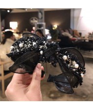 Pearl and Flowers Embellished Korean Fashion Lace Women Hair Hoop - Black