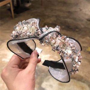 Pearl and Flowers Embellished Korean Fashion Lace Women Hair Hoop - Pink