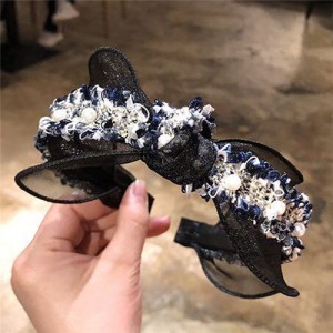 Pearl and Flowers Embellished Korean Fashion Lace Women Hair Hoop - Blue