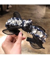 Pearl and Flowers Embellished Korean Fashion Lace Women Hair Hoop - Blue