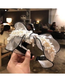 Pearl and Flowers Embellished Korean Fashion Lace Women Hair Hoop - White