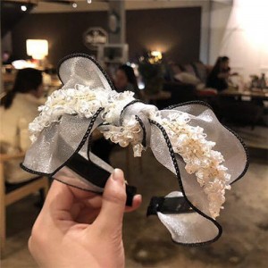 Pearl and Flowers Embellished Korean Fashion Lace Women Hair Hoop - White