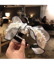Pearl and Flowers Embellished Korean Fashion Lace Women Hair Hoop - White
