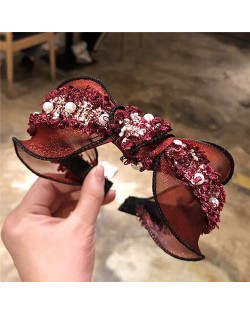 Pearl and Flowers Embellished Korean Fashion Lace Women Hair Hoop - Red