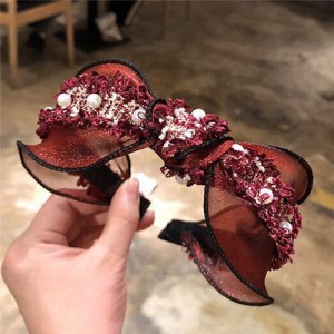 Pearl and Flowers Embellished Korean Fashion Lace Women Hair Hoop - Red