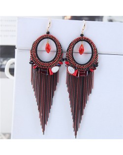 Crystal Hoop with Tassel Chains Design Fashion Earrings - Red