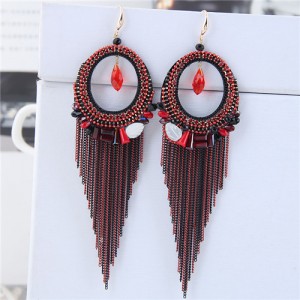 Crystal Hoop with Tassel Chains Design Fashion Earrings - Red