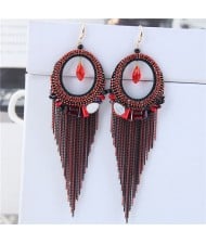 Crystal Hoop with Tassel Chains Design Fashion Earrings - Red