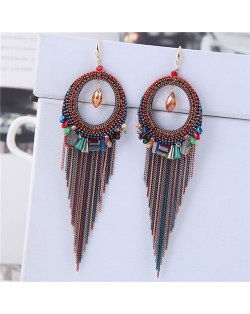 Crystal Hoop with Tassel Chains Design Fashion Earrings - Multicolor