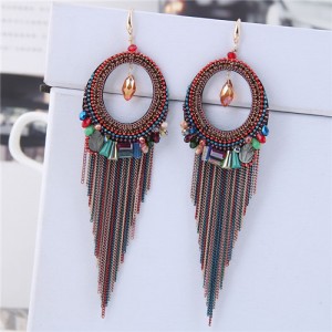 Crystal Hoop with Tassel Chains Design Fashion Earrings - Multicolor