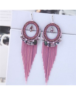 Crystal Hoop with Tassel Chains Design Fashion Earrings - Pink