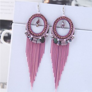 Crystal Hoop with Tassel Chains Design Fashion Earrings - Pink
