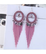 Crystal Hoop with Tassel Chains Design Fashion Earrings - Pink