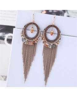 Crystal Hoop with Tassel Chains Design Fashion Earrings - Golden