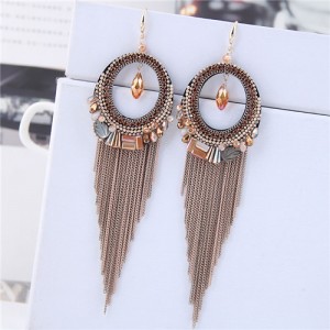 Crystal Hoop with Tassel Chains Design Fashion Earrings - Golden