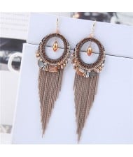 Crystal Hoop with Tassel Chains Design Fashion Earrings - Golden