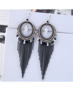 Crystal Hoop with Tassel Chains Design Fashion Earrings - Black