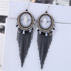 Crystal Hoop with Tassel Chains Design Fashion Earrings - Black