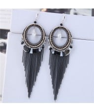 Crystal Hoop with Tassel Chains Design Fashion Earrings - Black