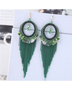 Crystal Hoop with Tassel Chains Design Fashion Earrings - Green