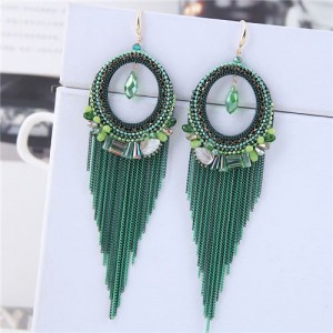 Crystal Hoop with Tassel Chains Design Fashion Earrings - Green