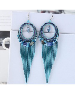 Crystal Hoop with Tassel Chains Design Fashion Earrings - Blue