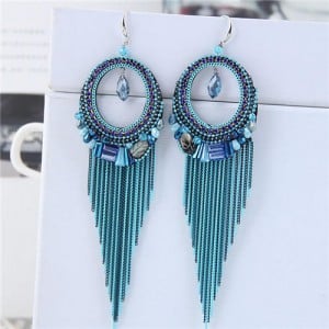 Crystal Hoop with Tassel Chains Design Fashion Earrings - Blue