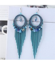 Crystal Hoop with Tassel Chains Design Fashion Earrings - Blue