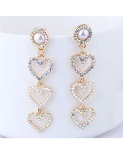 Rhinestone Embellished Triple Dangling Hearts Design Women Fashion Earrings
