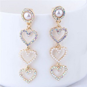 Rhinestone Embellished Triple Dangling Hearts Design Women Fashion Earrings
