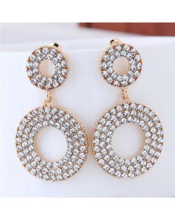 Rhinestone Embellished Dual Hoop Design Golden High Fashion Earrings