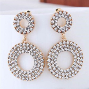 Rhinestone Embellished Dual Hoop Design Golden High Fashion Earrings