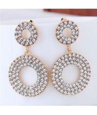 Rhinestone Embellished Dual Hoop Design Golden High Fashion Earrings