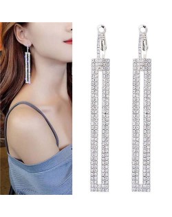 Shining Rhinestone Dangling Bar Design Woment Statement Earrings - Silver
