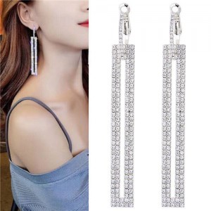 Shining Rhinestone Dangling Bar Design Woment Statement Earrings - Silver