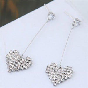 Rhinestone Embellished Dangling Sweet Shining Heart Design High Fashion Earrings